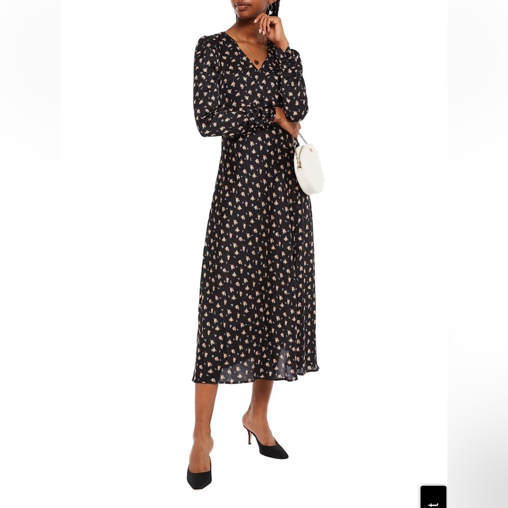 Maje Black Wrap Midi Dress with Bishop Sleeves